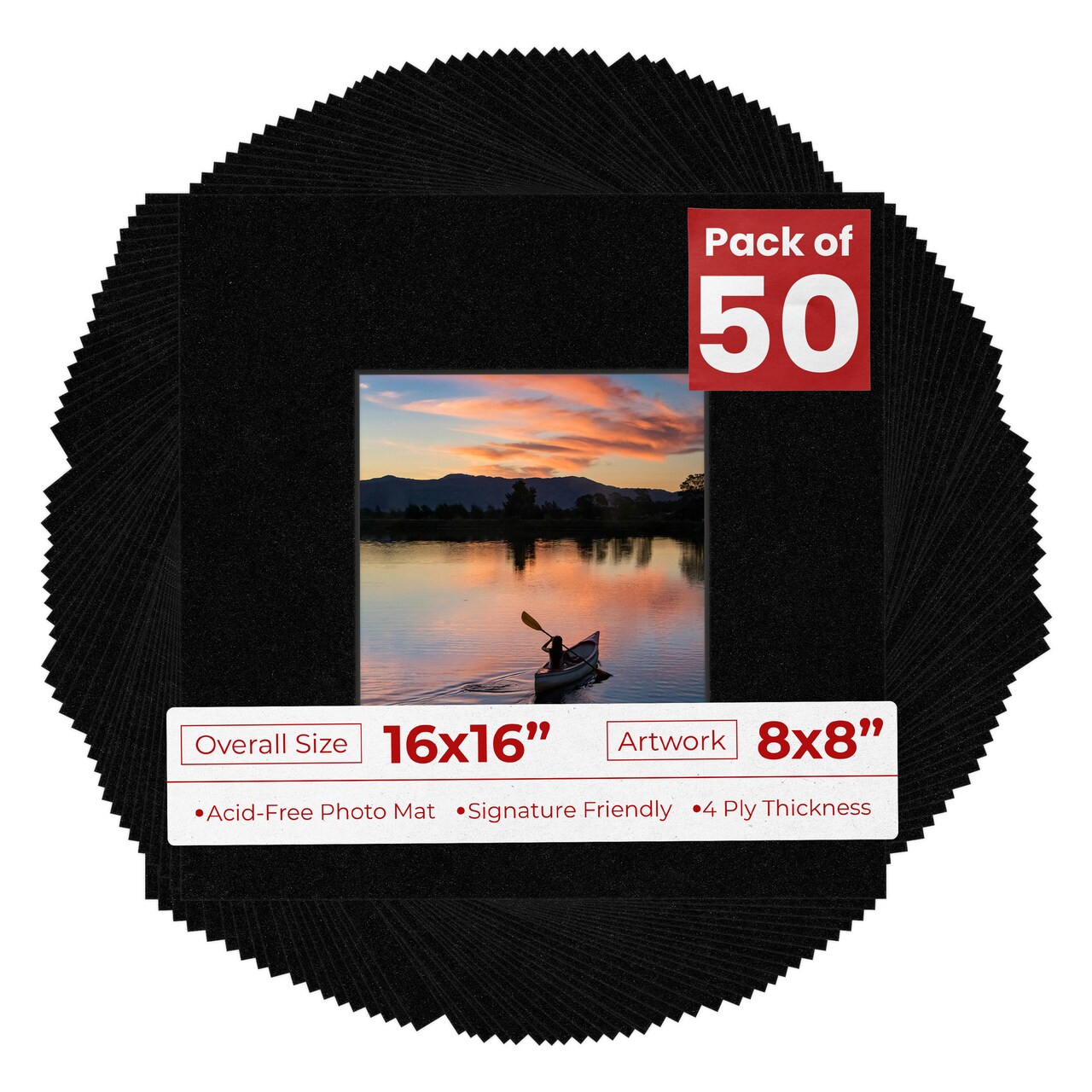 Black with Black Core Mat Board for 16x16 Frames - Fits 8x8 Photos